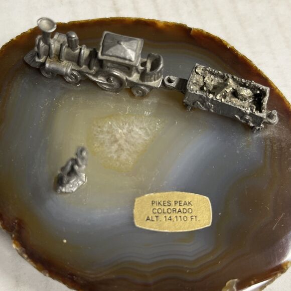 Agate Geode Mineral Crystal Rock Mine Figurine with Pewter Miners & Train Pyrite - Picture 2 of 10